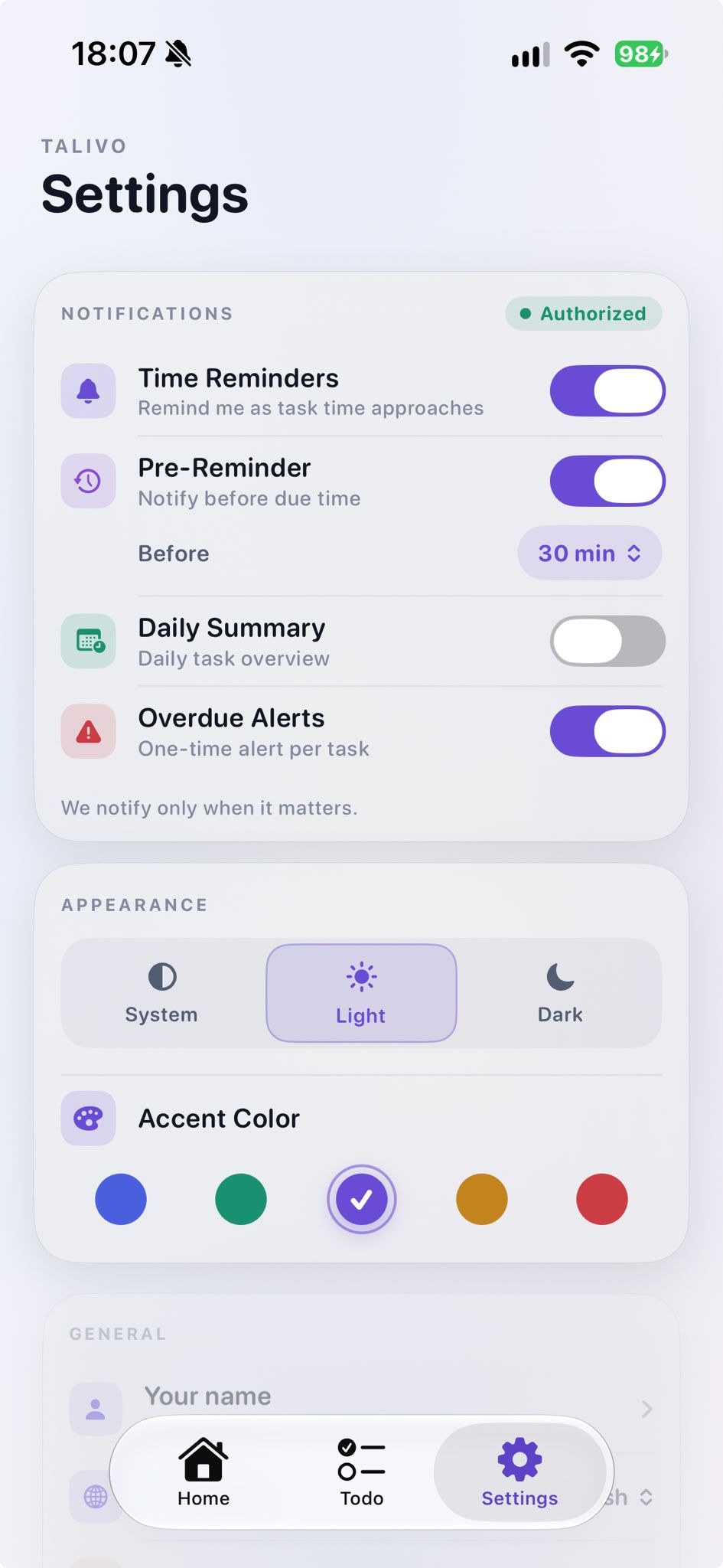 Talivo settings: reminders, appearance and accent color