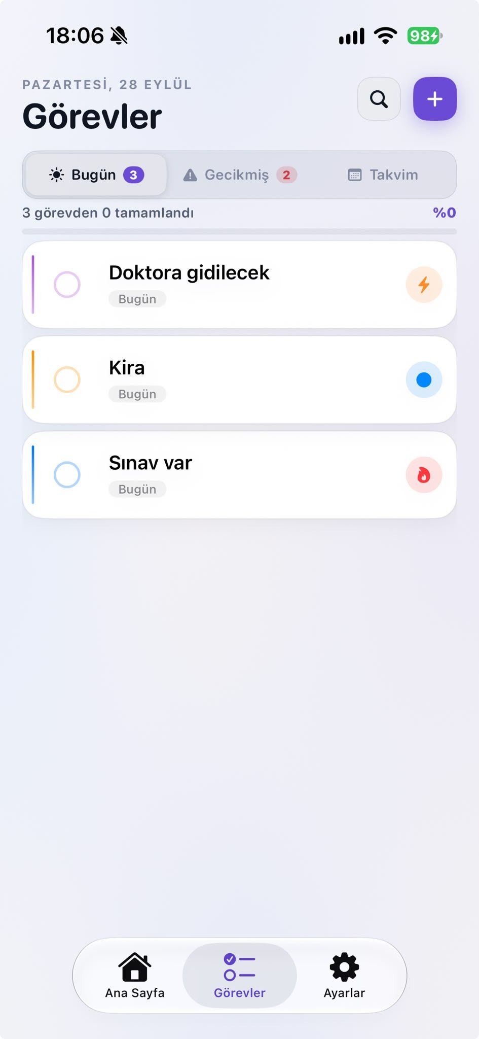 Talivo görevler ekranı: Bugün, Gecikmiş ve Takvim sekmeleri